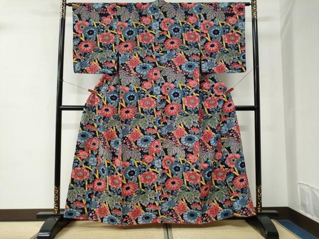 平和屋着物●上質な小紋 型染め 草花文 紺地 正絹 逸品 CABC6951yc