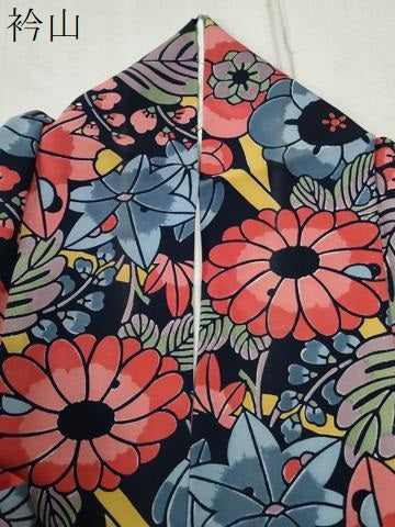 平和屋着物●上質な小紋 型染め 草花文 紺地 正絹 逸品 CABC6951yc