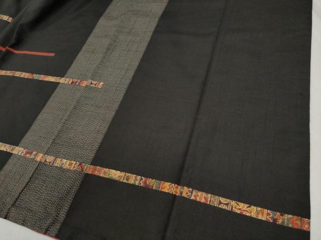 平和屋着物●訪問着 紬地 横段吉祥文 黒地 正絹 逸品 CABC6953yc
