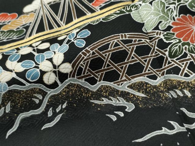 平和屋着物●訪問着 駒刺繍 籬草花文 黒地 金彩 正絹 逸品 CABC6960yc