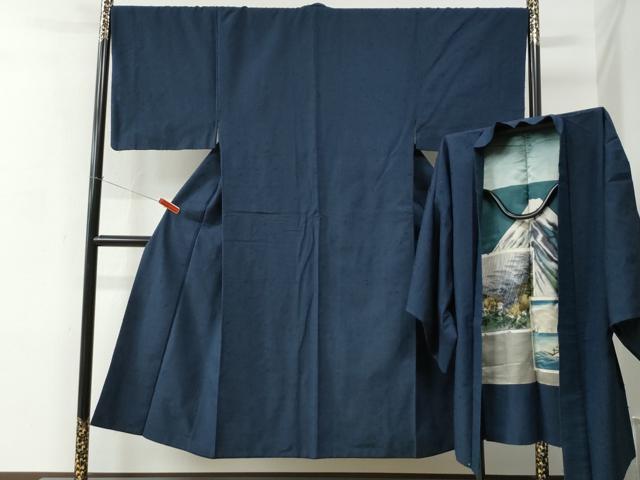 平和屋着物●男性 髭紬 アンサンブル 色無地 留紺色 正絹 逸品 CABC6994yc