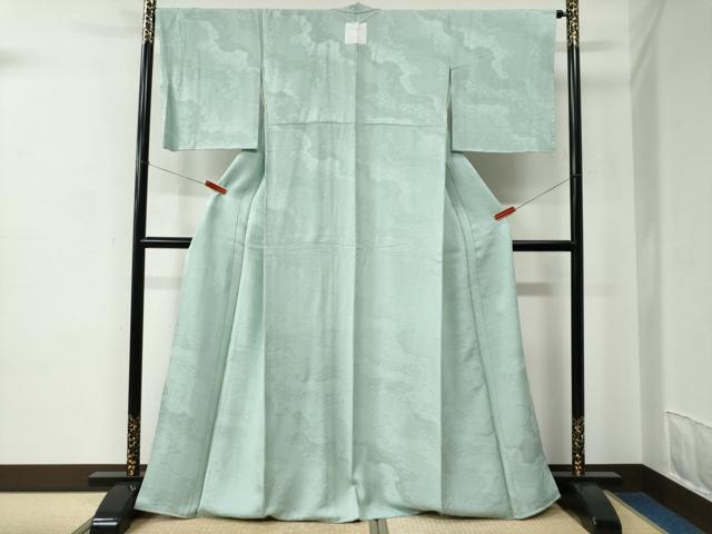 平和屋着物●上質な色無地 立波吉祥花地紋 錆青磁色 正絹 逸品 未使用 CABC7023yc