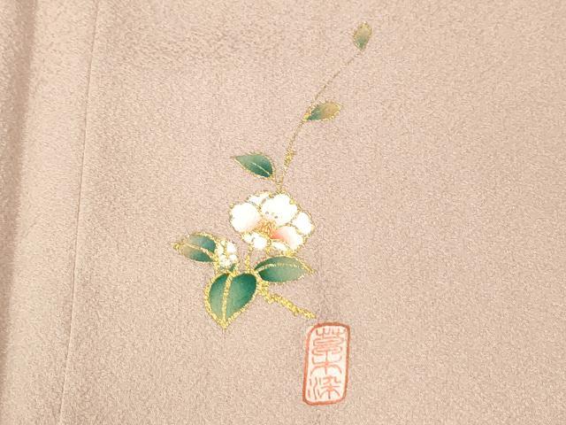 平和屋着物●上質な色無地 草木染 椿地紋 水柿色 鈴乃屋扱い 正絹 逸品 未使用 CABC7032yc