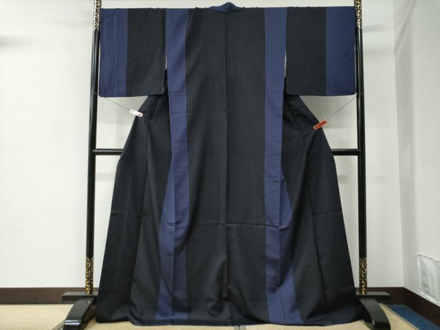 平和屋着物●本塩沢 縞 黒地 ロング丈 正絹 逸品 CABC7090yc