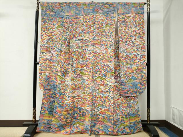 平和屋着物●豪華振袖 型染め 流水風景松竹梅花文 鬼しぼ縮緬 正絹 逸品 CABC7104yc
