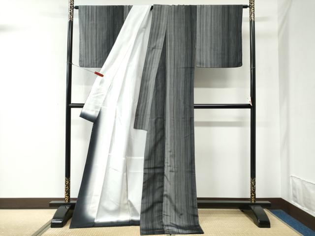 平和屋着物●本塩沢 縞 黒地 正絹 逸品 CABC7106yc