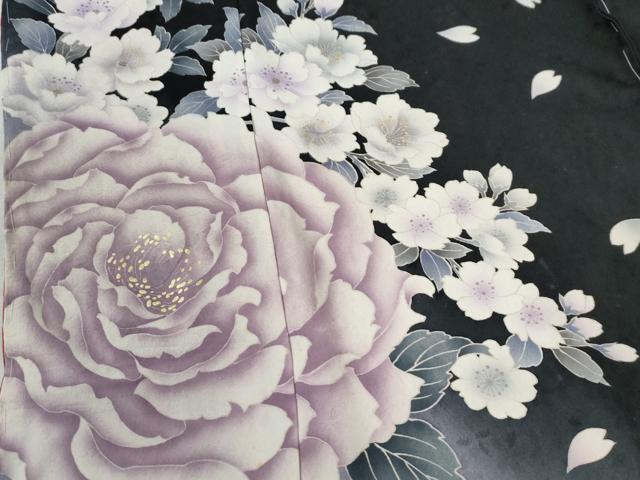 平和屋着物●豪華振袖 薔薇 暈し染め 黒地 金彩 仮絵羽 逸品 未使用 CABC7131yc