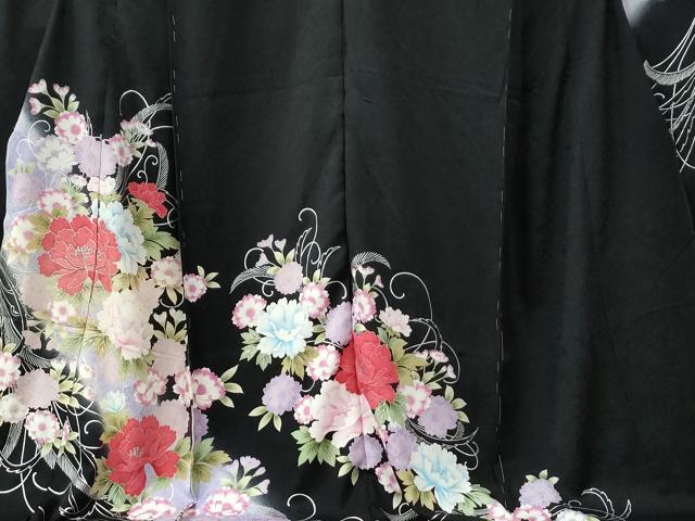 平和屋着物●豪華振袖 牡丹花文 暈し染め 黒地 銀彩 仮絵羽 逸品 未使用 CABC7136yc