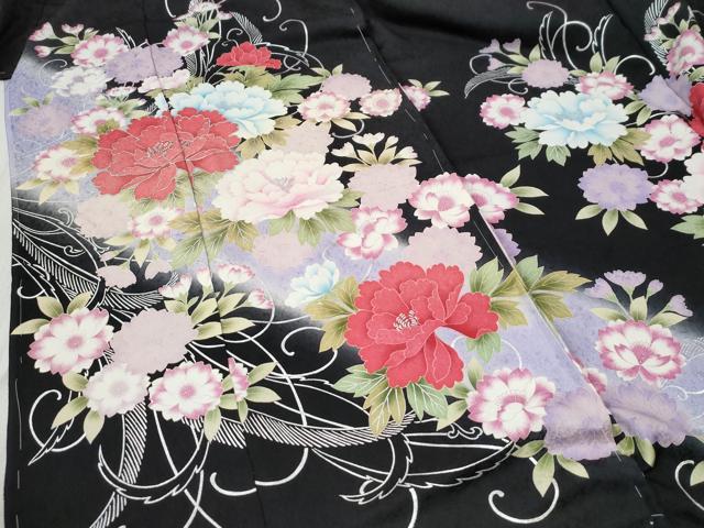 平和屋着物●豪華振袖 牡丹花文 暈し染め 黒地 銀彩 仮絵羽 逸品 未使用 CABC7136yc