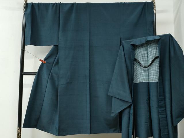 平和屋着物●男性 紬 アンサンブル 色無地 紺地 キングサイズ 正絹 逸品 CABC7162yc