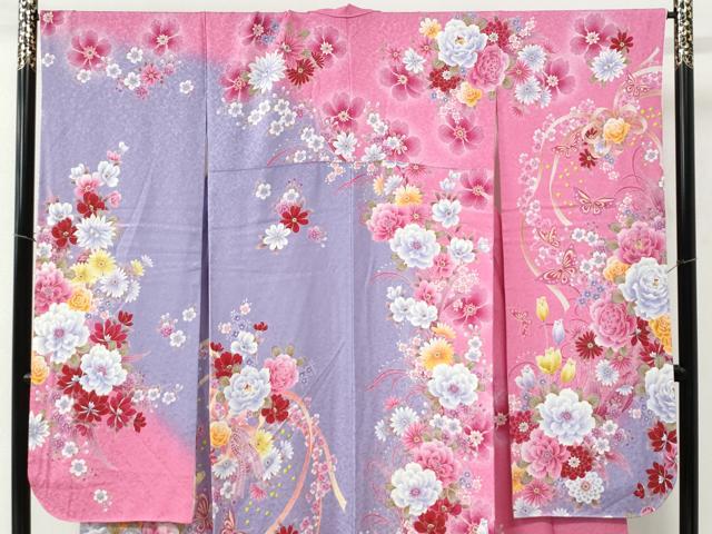 平和屋着物●豪華振袖 牡丹花蝶文 ラメ糸 暈し染め 銀通し地 正絹 逸品 CABC7178yc
