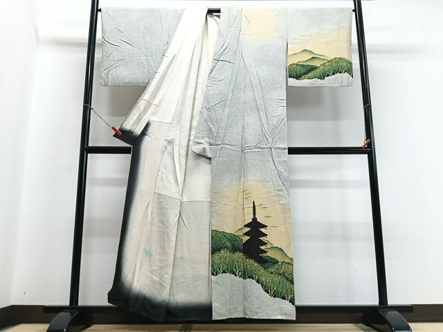 平和屋着物■訪問着 手描き 風景文 暈し染め 正絹 逸品 CABC7395xe