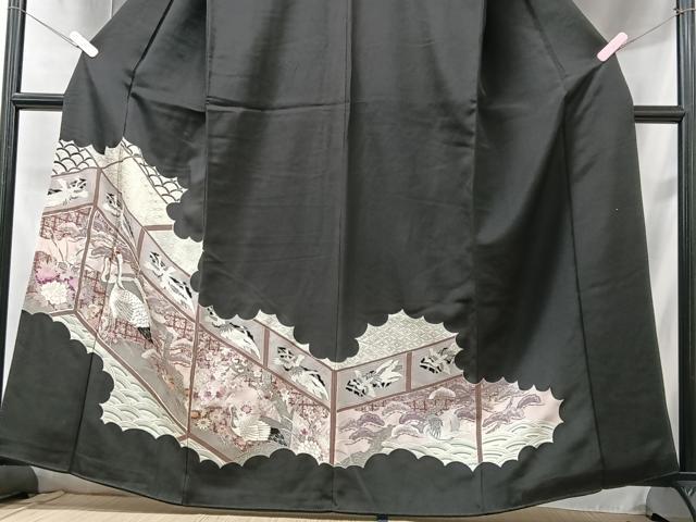 平和屋着物■豪華黒留袖 刺繍 風景文 鶴 銀彩 正絹 逸品 CABC7505xe