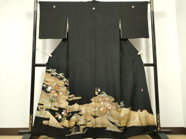 平和屋着物■豪華黒留袖 駒刺繍 万寿染 風景草花文 金銀彩 正絹 逸品 CABC7636ou