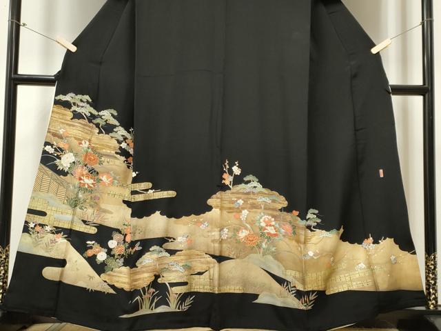 平和屋着物■豪華黒留袖 駒刺繍 万寿染 風景草花文 金銀彩 正絹 逸品 CABC7636ou