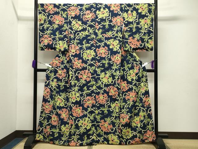 平和屋着物●上質な小紋 更紗花唐草文 鬼しぼ縮緬 反端付き 正絹 逸品 未使用 CABC8027gh