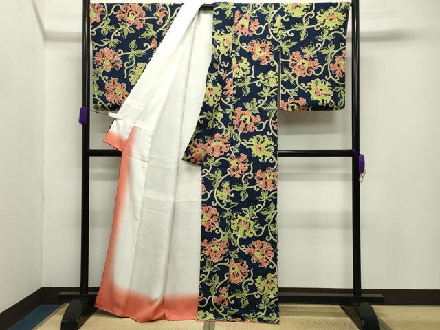平和屋着物●上質な小紋 更紗花唐草文 鬼しぼ縮緬 反端付き 正絹 逸品 未使用 CABC8027gh