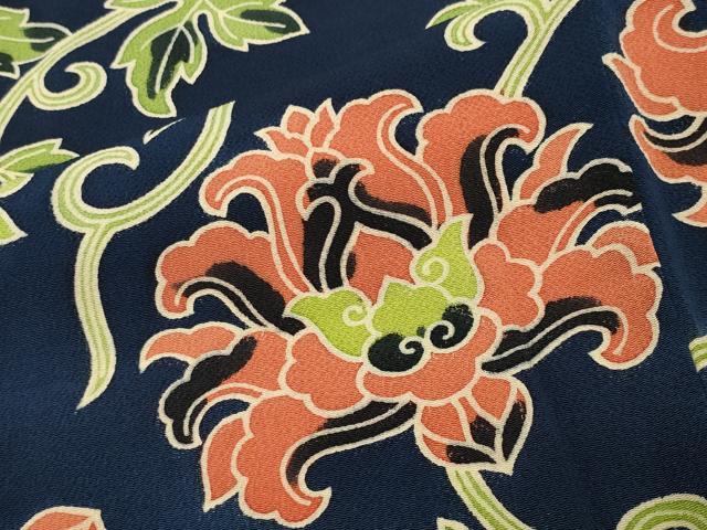 平和屋着物●上質な小紋 更紗花唐草文 鬼しぼ縮緬 反端付き 正絹 逸品 未使用 CABC8027gh