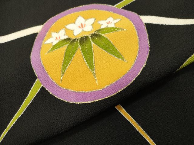 平和屋着物●訪問着 花丸文 黒地 金彩 鬼しぼ縮緬 正絹 逸品 CABC8067gh