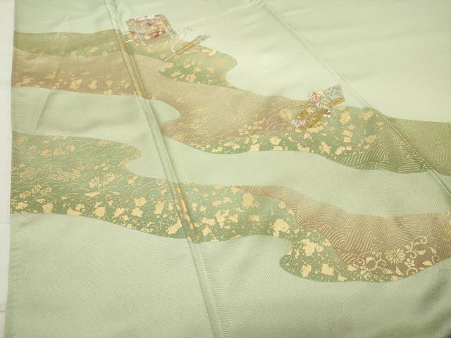 平和屋着物●訪問着 刺繍 貝桶扇面花文 金彩 正絹 逸品 未使用 CABC8123gh