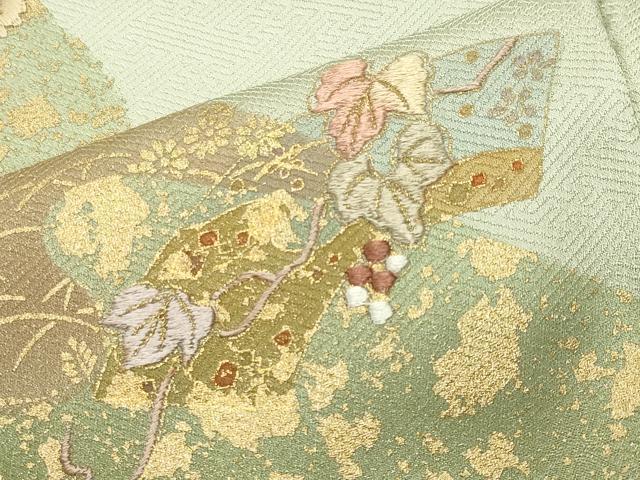 平和屋着物●訪問着 刺繍 貝桶扇面花文 金彩 正絹 逸品 未使用 CABC8123gh