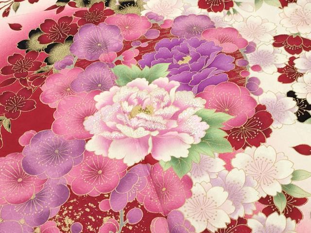 平和屋着物●豪華振袖 刺繍 舞梅花文 暈し染め 金彩 正絹 逸品 CABC8139gh