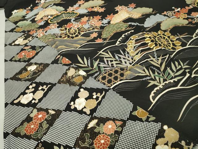 平和屋着物●創業460年・千總 黒留袖 駒刺繍 浜松水車草花文 金彩 正絹 逸品 CABC8229gh