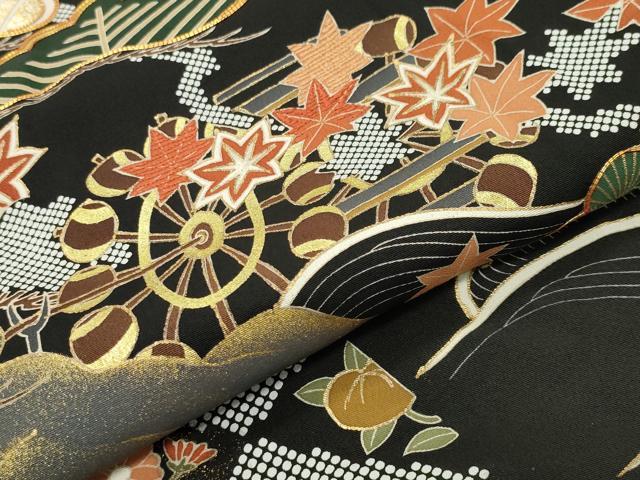 平和屋着物●創業460年・千總 黒留袖 駒刺繍 浜松水車草花文 金彩 正絹 逸品 CABC8229gh
