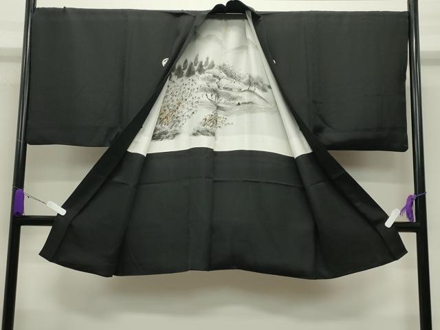 平和屋着物●男性 黒紋付 羽織セット 羽裏:風景文 正絹 逸品 CABC8303gh