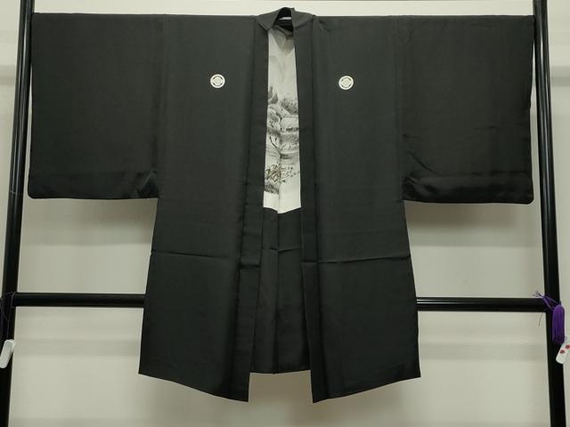 平和屋着物●男性 黒紋付 羽織セット 羽裏:風景文 正絹 逸品 CABC8303gh