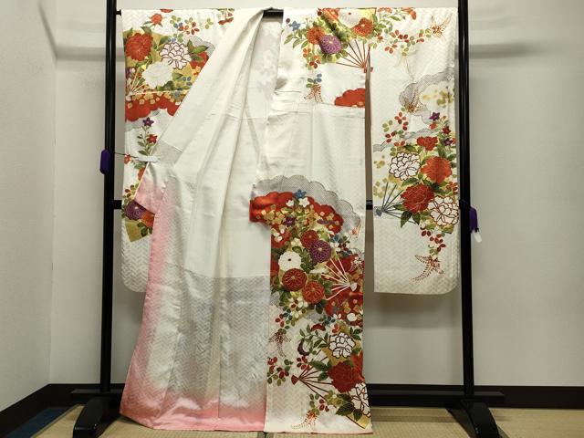 平和屋着物●十日町老舗ブランド 吉澤友禅 吾妻徳穂 振袖・長襦袢セット 駒刺繍 雲重ね扇面花文 金彩 正絹 逸品 CABC8326gh