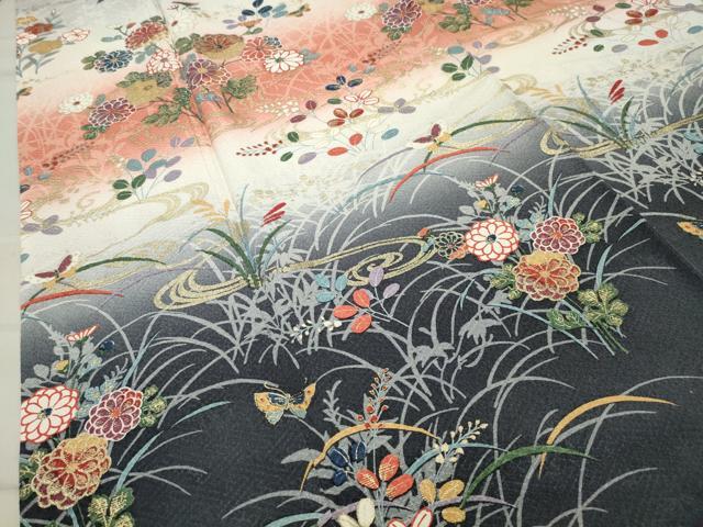 平和屋着物●訪問着 流水舞蝶花文 暈し染め 金彩 正絹 逸品 CABC8339gh