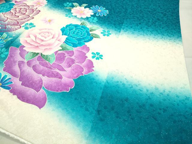 平和屋着物●豪華振袖 刺繍 舞蝶花文 暈し染め 金銀彩 銀通し地 正絹 逸品 CABC8371gh