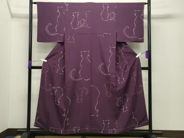平和屋着物●絵描きのやす 小紋 猫 反端付き 正絹 逸品 未使用 CABC8376gh