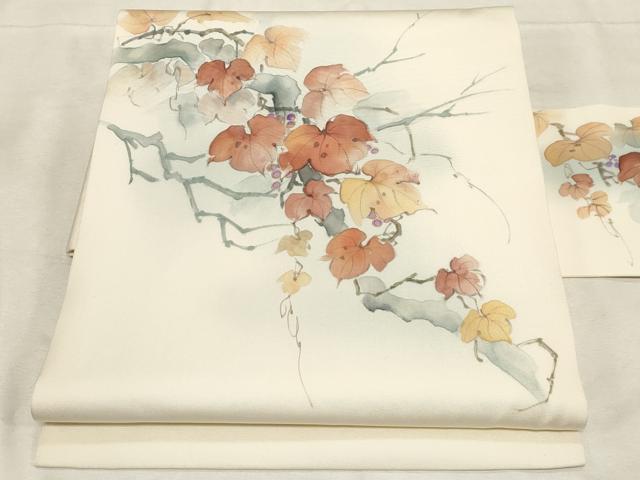 平和屋着物●塩瀬 九寸名古屋帯 作家物 手描き 葡萄蔦の葉文 金彩 正絹 逸品 CABC8450dy
