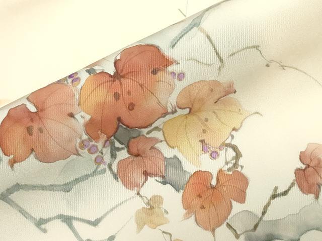 平和屋着物●塩瀬 九寸名古屋帯 作家物 手描き 葡萄蔦の葉文 金彩 正絹 逸品 CABC8450dy