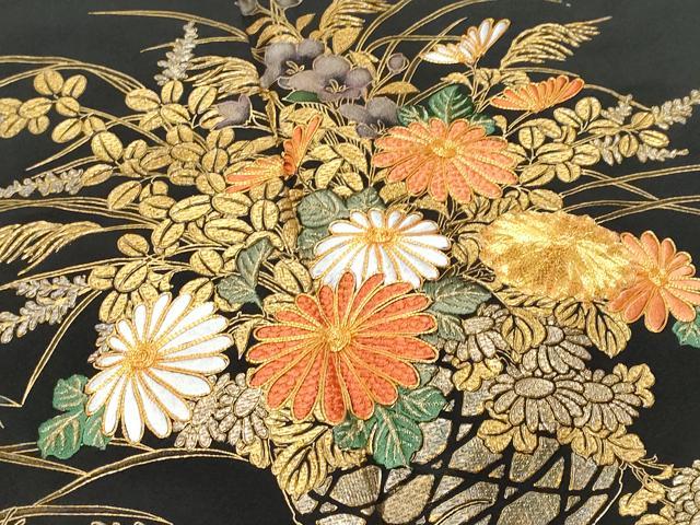平和屋着物■豪華黒留袖 駒刺繍 花籠文 金彩 正絹 逸品 CABC9153fb
