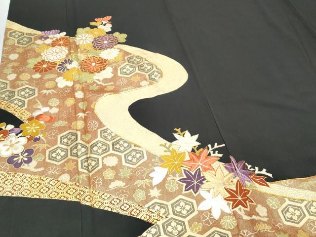 平和屋着物▼豪華黒留袖 駒刺繍 道長花文 金彩 正絹 逸品 CABC9333th