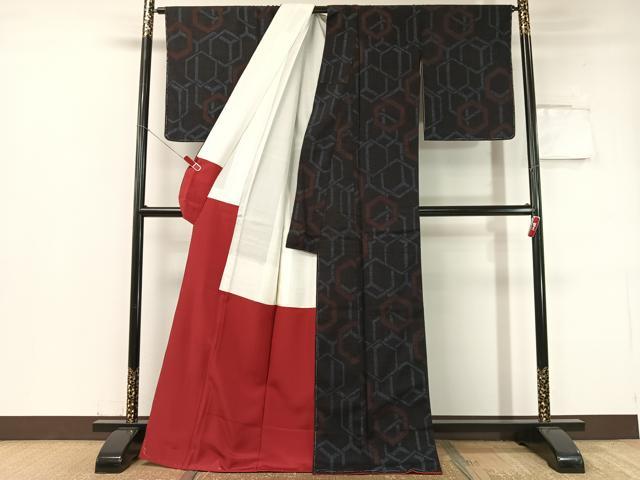 平和屋着物●本場結城紬 重要無形文化財 80亀甲 亀甲重ね 証紙付き ロング丈 正絹 逸品 未使用 CABC9601vp