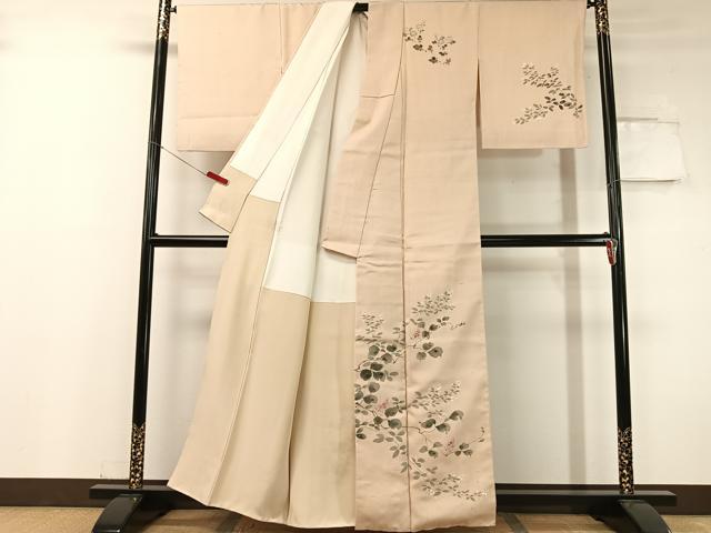 平和屋着物●染色作家 桐山紫香 手描き 訪問着 生紬 草花文 正絹 逸品 CABC9658vp