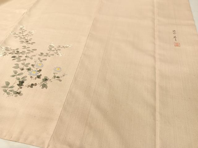 平和屋着物●染色作家 桐山紫香 手描き 訪問着 生紬 草花文 正絹 逸品 CABC9658vp