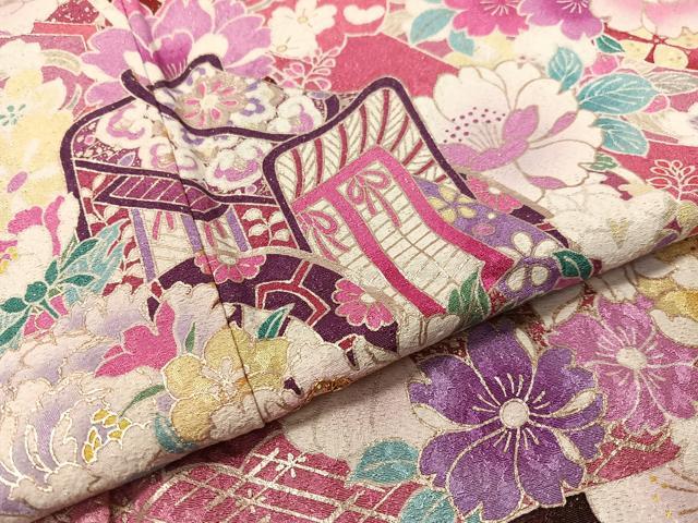 平和屋着物●豪華振袖 駒刺繍 束ね熨斗御所車花文 暈し染め 金通し地 京都きもの友禅扱い 正絹 逸品 CABC9720vp