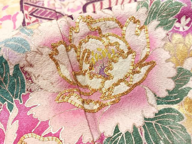 平和屋着物●豪華振袖 駒刺繍 束ね熨斗御所車花文 暈し染め 金通し地 京都きもの友禅扱い 正絹 逸品 CABC9720vp