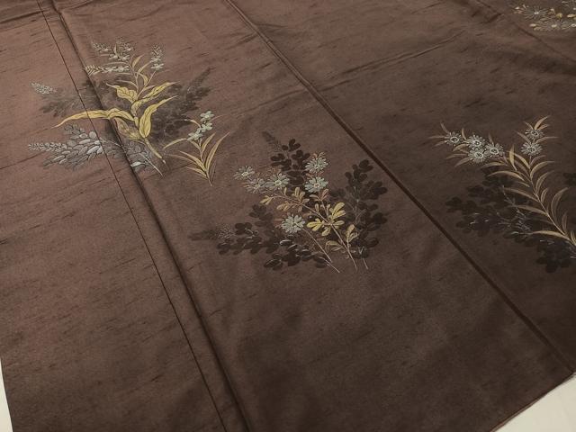 平和屋着物●訪問着 紬地 手描き 草花文 ロング丈 正絹 逸品 CABC9755vp