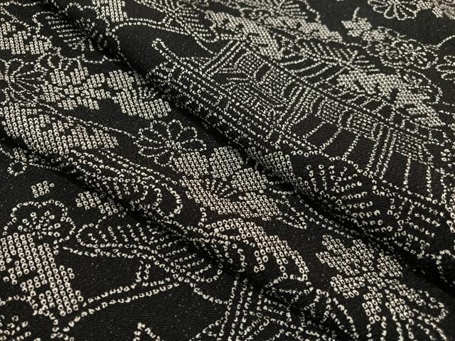平和屋着物●上質な小紋 流水風景花松文 黒地 鬼しぼ縮緬 正絹 逸品 CABC9771vp