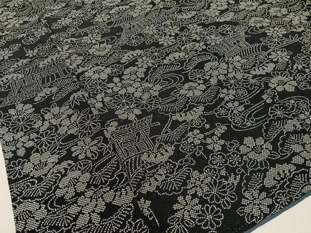 平和屋着物●上質な小紋 流水風景花松文 黒地 鬼しぼ縮緬 正絹 逸品 CABC9771vp