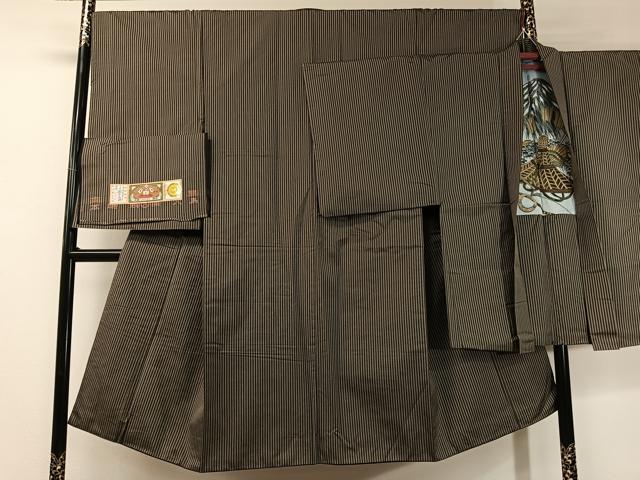 平和屋着物●男性 本場大島紬 アンサンブル 大山謹製 縞 証紙付き 正絹 逸品 CABC9777vp
