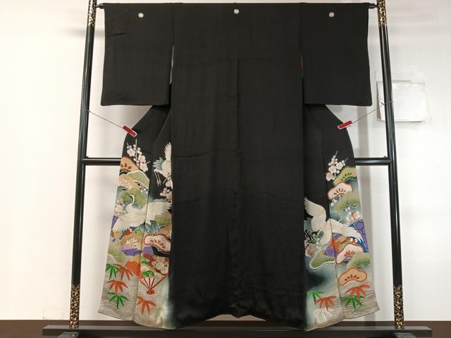 平和屋着物●アンティーク 大正ロマン 黒留袖 手描き 飛鶴扇面松竹梅 暈し染め 金彩 正絹 逸品 CABC9806vp