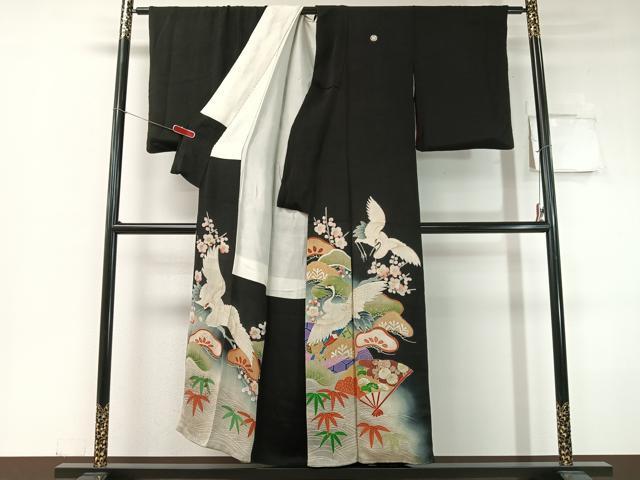平和屋着物●アンティーク 大正ロマン 黒留袖 手描き 飛鶴扇面松竹梅 暈し染め 金彩 正絹 逸品 CABC9806vp