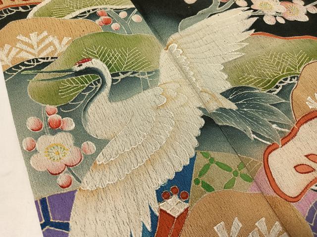 平和屋着物●アンティーク 大正ロマン 黒留袖 手描き 飛鶴扇面松竹梅 暈し染め 金彩 正絹 逸品 CABC9806vp